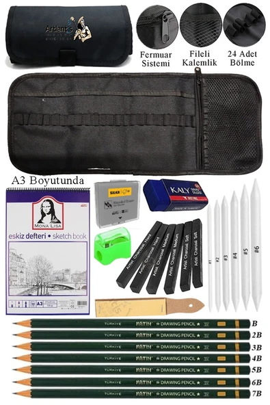 A3 Telli Eskiz Defteri Monalisa Spiralli Kömür Kalem Karakalem Rulo Kalemlik Siyah 24 Bölmeli Dereceli Kalem Gölgeleme
