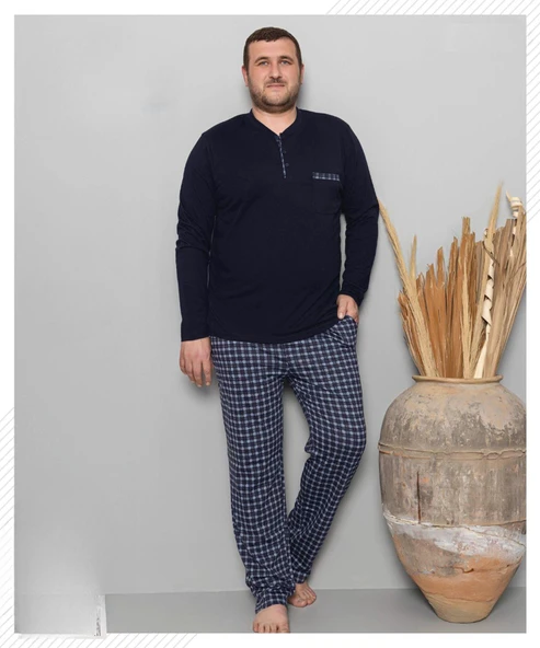 Pijamoni Erkek Battal Düğme Yaka Penye Uzun Kol  Pijama Takımı 6720/10 - 1 Adet  Siyah 3XL
