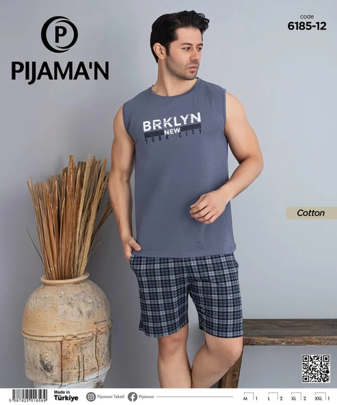 Pijamoni Erkek Bisiklet Yaka Kolsuz Şortlu Pijama Takımı 6185/12 - 1 Adet  M Füme - 2