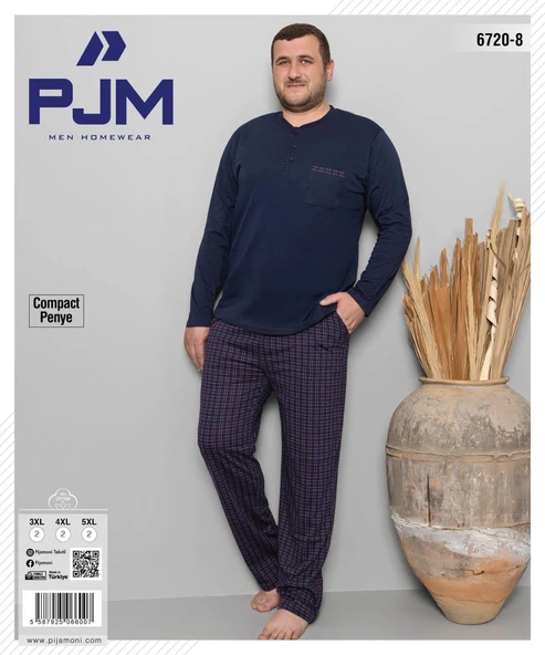 Pijamoni Erkek Battal Düğme Yaka Penye Uzun Kol  Pijama Takımı 6720/8 - 1 Adet  Lacivert 3XL - Resim 2