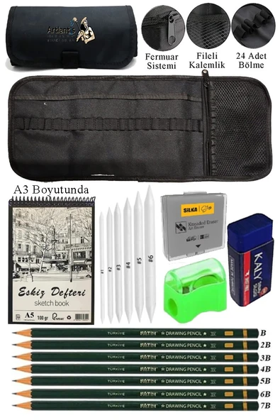 A3 Telli Eskiz Defteri Spiralli Karakalem Rulo Kalemlik Siyah 24 Bölmeli Dereceli Kalem Gölgeleme Dağıtma Hamur Silgi ürün görseli
