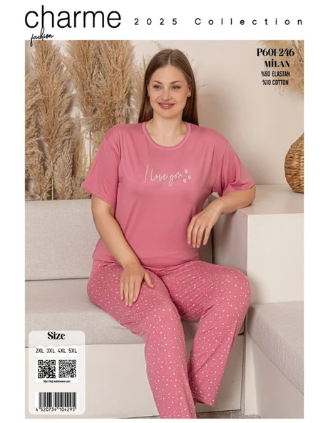 Charme Kadın Büyük Beden Bisiklet Yaka MİLAN Likralı Kısa Kol Pijama Takımı K601/246 - 1 Adet  4XL Pembe - Resim 4