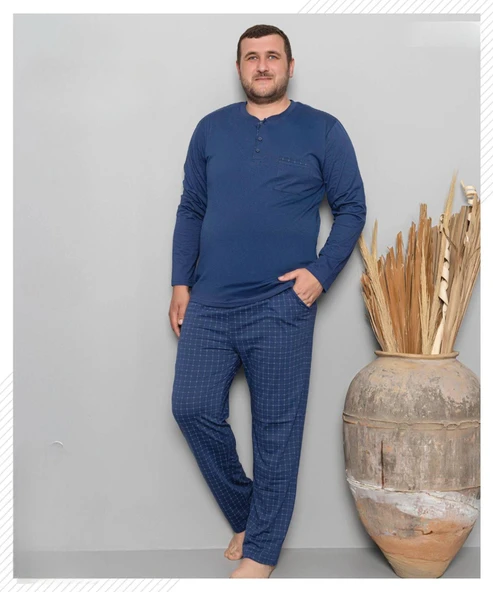 Pijamoni Erkek Battal Düğme Yaka Penye Uzun Kol  Pijama Takımı 6720/9 - 1 Adet  Mavi 5XL