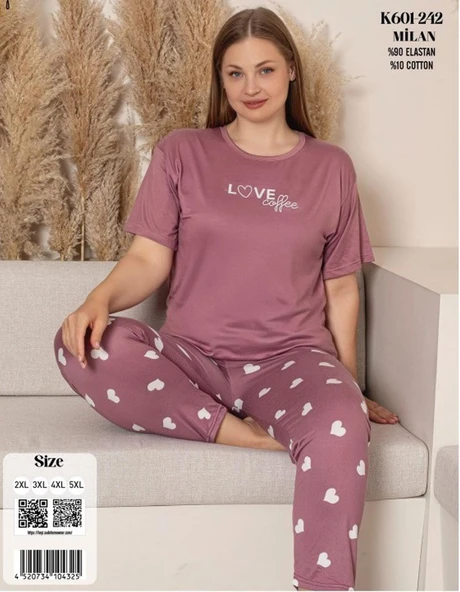 Charme Kadın Büyük Beden Bisiklet Yaka MİLAN Likralı Kısa Kol Pijama Takımı K601/242 - 1 Adet  5XL Gül Kurusu - Resim 3