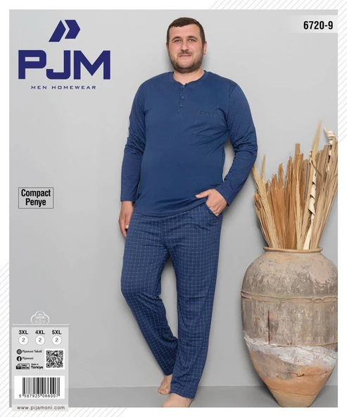 Pijamoni Erkek Battal Düğme Yaka Penye Uzun Kol  Pijama Takımı 6720/9 - 1 Adet  Mavi 5XL - 2