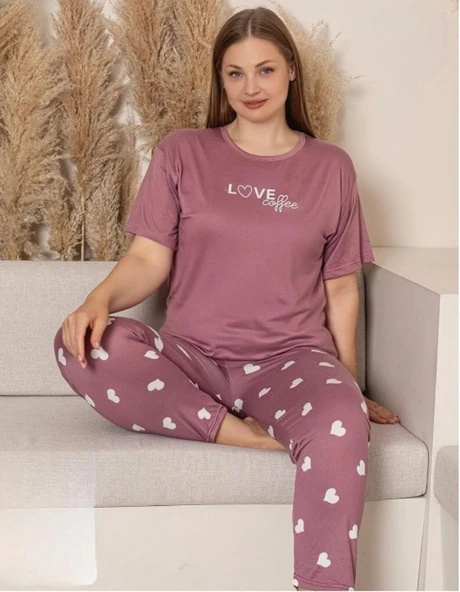 Charme Kadın Büyük Beden Bisiklet Yaka MİLAN Likralı Kısa Kol Pijama Takımı K601/242 - 1 Adet  5XL Gül Kurusu