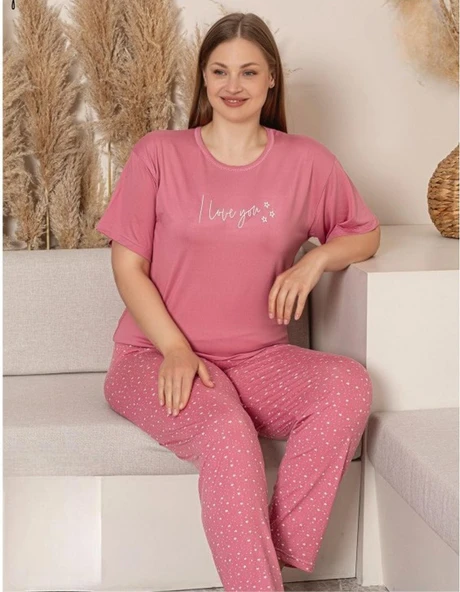 Charme Kadın Büyük Beden Bisiklet Yaka MİLAN Likralı Kısa Kol Pijama Takımı K601/246 - 1 Adet  4XL Pembe