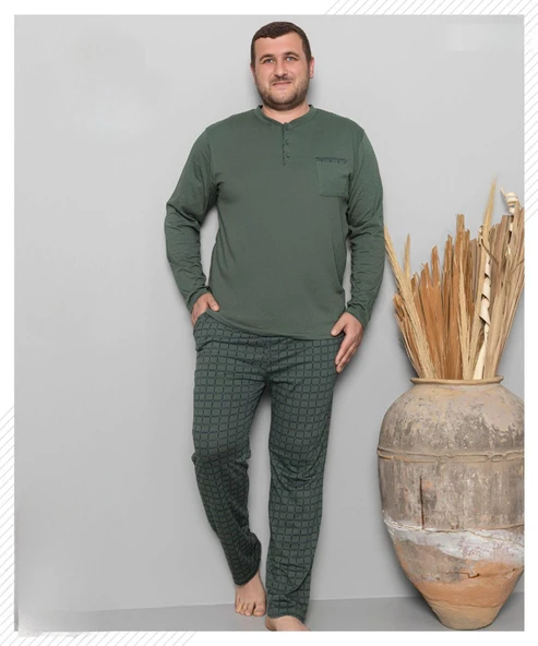 Pijamoni Erkek Battal Düğme Yaka Penye Uzun Kol  Pijama Takımı 6720/7 - 1 Adet  4XL Yeşil