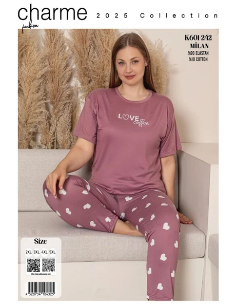 Charme Kadın Büyük Beden Bisiklet Yaka MİLAN Likralı Kısa Kol Pijama Takımı K601/242 - 1 Adet  2XL Gül Kurusu - 4