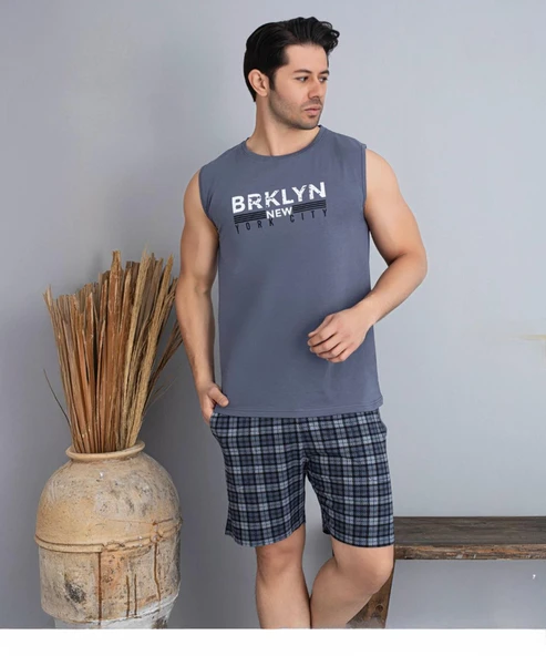 Pijamoni Erkek Bisiklet Yaka Kolsuz Şortlu Pijama Takımı 6185/12 - 1 Adet  L Füme
