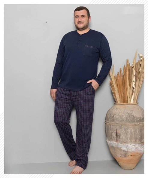 Pijamoni Erkek Battal Düğme Yaka Penye Uzun Kol  Pijama Takımı 6720/8 - 1 Adet  Lacivert 3XL
