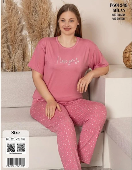 Charme Kadın Büyük Beden Bisiklet Yaka MİLAN Likralı Kısa Kol Pijama Takımı K601/246 - 1 Adet  4XL Pembe - Resim 3