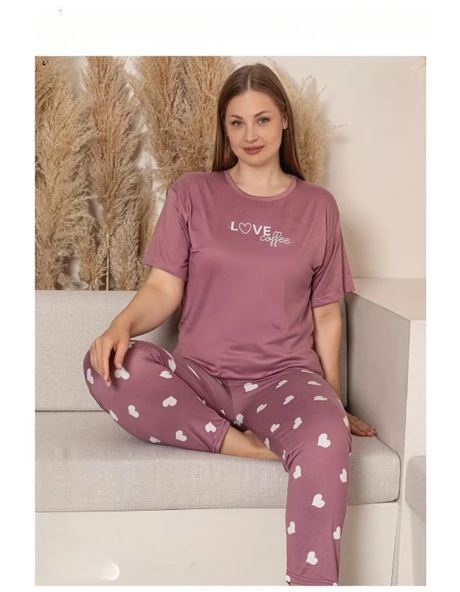 Charme Kadın Büyük Beden Bisiklet Yaka MİLAN Likralı Kısa Kol Pijama Takımı K601/242 - 1 Adet  5XL Gül Kurusu - Resim 2