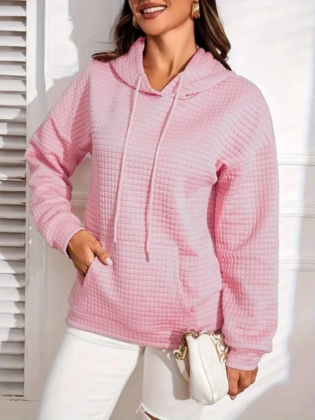 Kadın Uzun Kollu Kapşonlu Bağcıklı Cepli Capitone Sweatshirt - 3