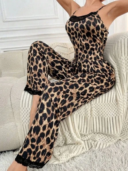 Kadın Ip Askılı Yakası Dantelli Bluz Ve Pijama Sandy Ikili Takım - Resim 3