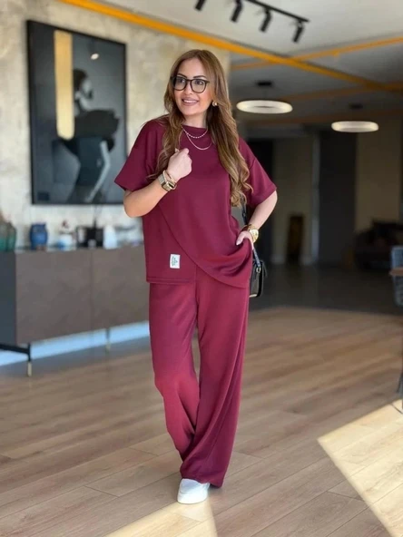 Kadın Kısa Kollu Bisiklet Yaka Asimetrik Viskon Iki Iplik Bluz Ve Pantolon Ikili Takım - 4