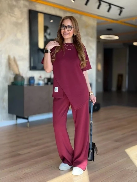 Kadın Kısa Kollu Bisiklet Yaka Asimetrik Viskon Iki Iplik Bluz Ve Pantolon Ikili Takım - 2