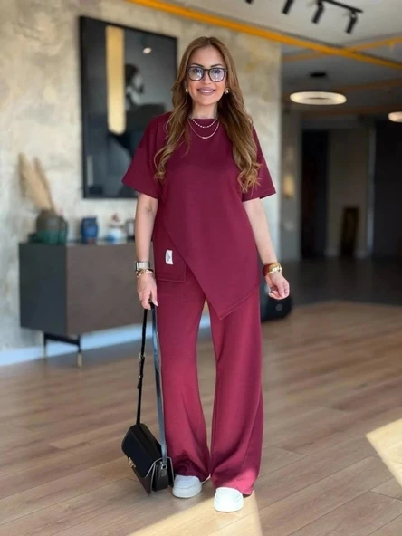 Kadın Kısa Kollu Bisiklet Yaka Asimetrik Viskon Iki Iplik Bluz Ve Pantolon Ikili Takım - 7