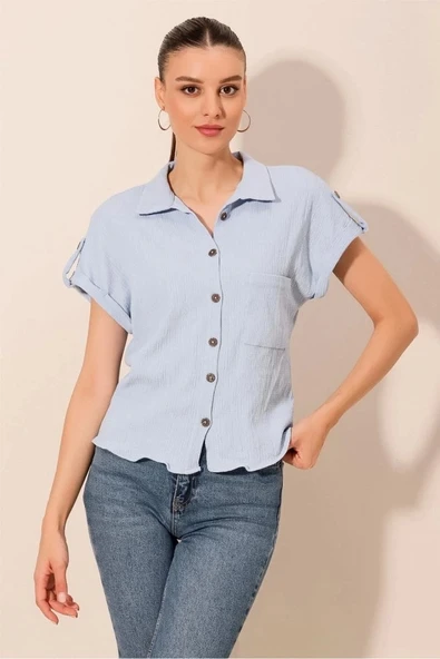 20187 Kısa Kol Oversize Örme Gömlek - Mavi