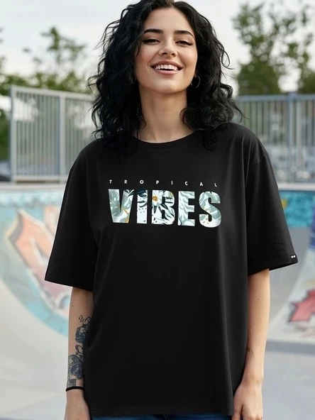 Baskılı Oversize T-shirt - Siyah - 3