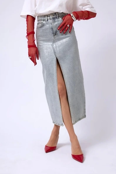 Varak Baskılı Yırtmaçlı Maxi Denim Etek - 3
