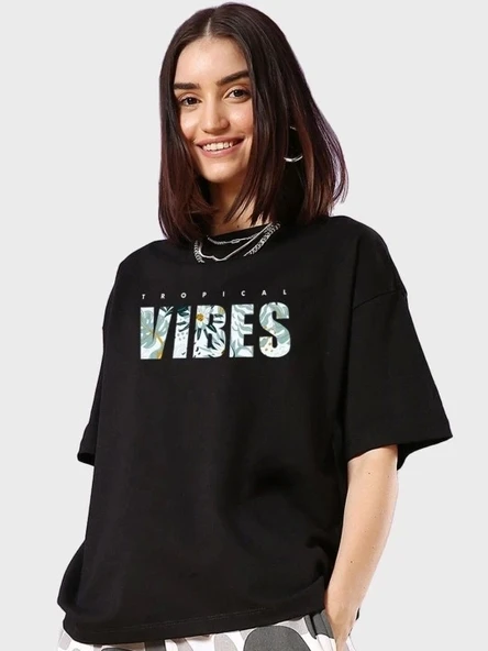 Baskılı Oversize T-shirt - Siyah