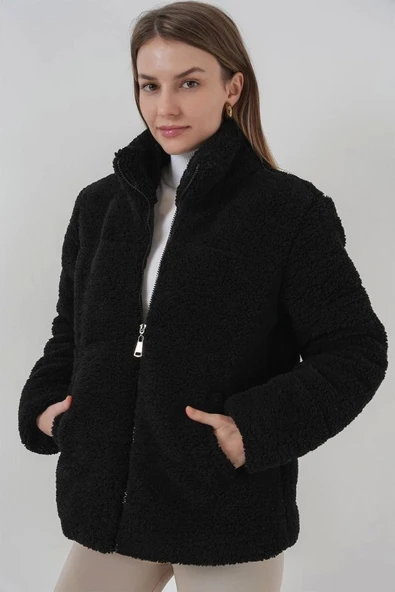 5178 Astarlı Peluş Mont - Siyah - 4