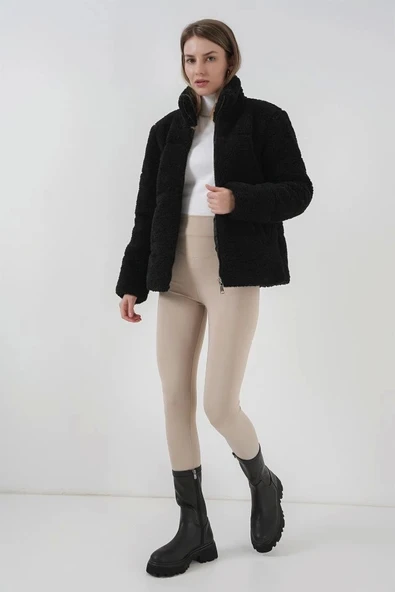5178 Astarlı Peluş Mont - Siyah - 2