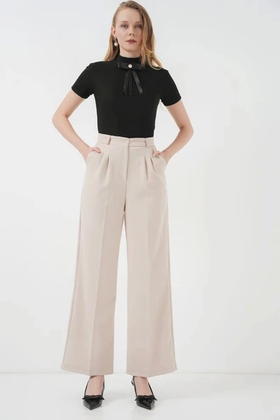 6647 Bol Paça Kumaş Pantolon - Krem - 3