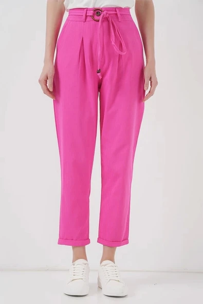6660 Kemerli Keten Pantolon - Fuşya - 2