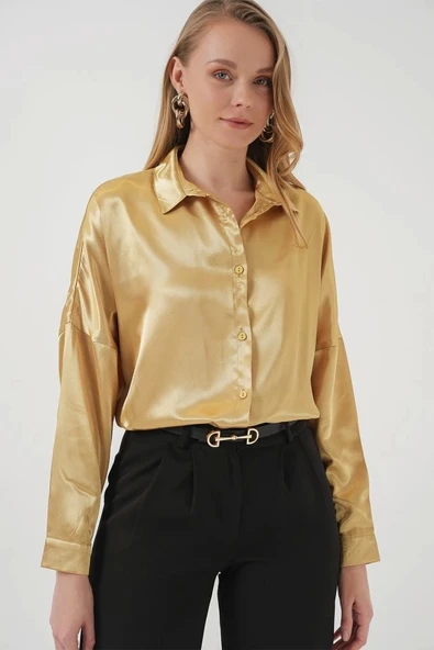 3985 Oversize Saten Gömlek - Altın Sarısı - 4