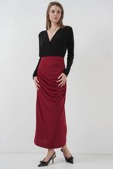 8035 Büzgülü Midi Etek - Bordo