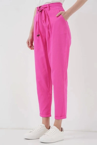 6660 Kemerli Keten Pantolon - Fuşya - 4