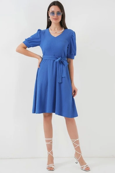 2370 Kuşaklı Örme Elbise - Saks - 2