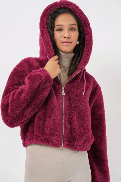 5193 Kapüşonlu Peluş Crop Ceket - Mürdüm - 2