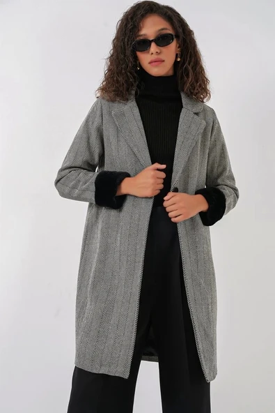 9085 Balık Sırtı Kaşe Kaban - D. Siyah - Resim 4