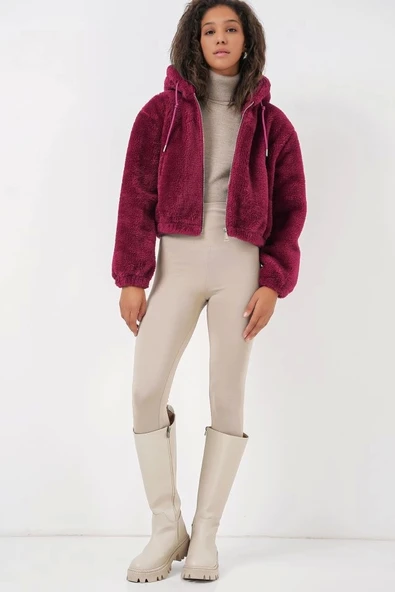 5193 Kapüşonlu Peluş Crop Ceket - Mürdüm - 3