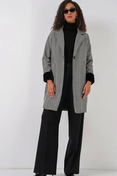 9085 Balık Sırtı Kaşe Kaban - D. Siyah - Resim 2