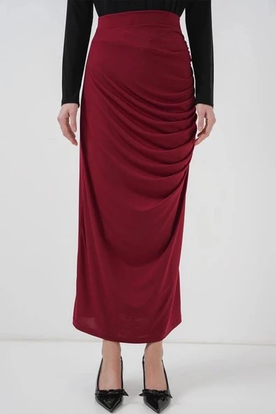 8035 Büzgülü Midi Etek - Bordo - 2