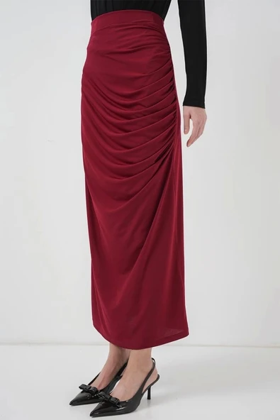 8035 Büzgülü Midi Etek - Bordo - 4
