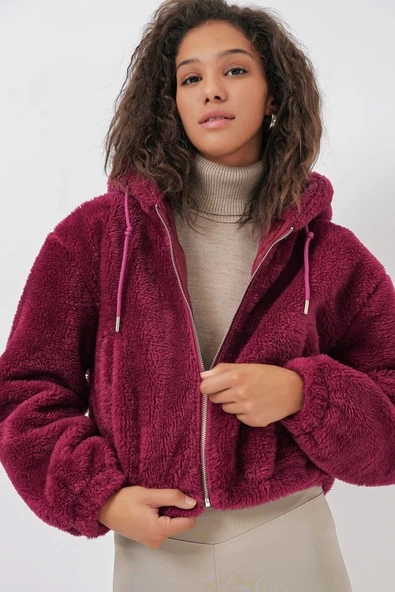 5193 Kapüşonlu Peluş Crop Ceket - Mürdüm - 4