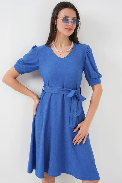 2370 Kuşaklı Örme Elbise - Saks - 4