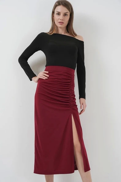 8033 Sandy Yırtmaçlı Etek - Bordo - 3