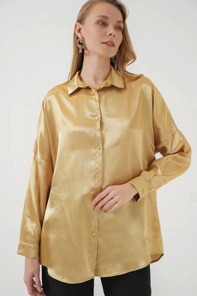 3985 Oversize Saten Gömlek - Altın Sarısı - 3