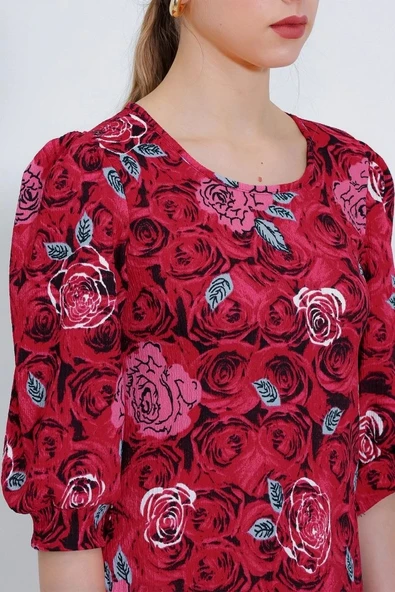 Bordo Gül Desenli Midi Elbise 2477 - 4
