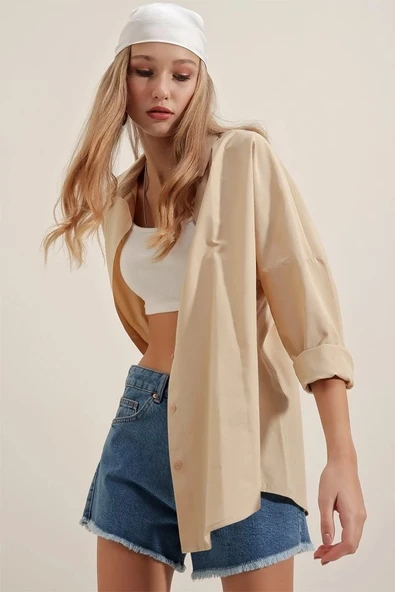 3900 Oversize Uzun Basic Gömlek - Bej - 2