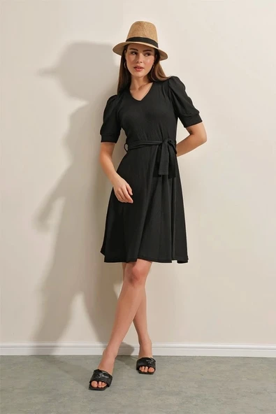 2370 Kuşaklı Örme Elbise - Siyah - 2