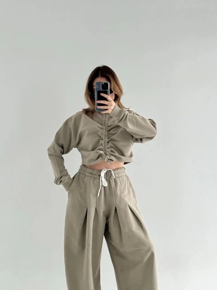 Uzun Kollu Önü İp Büzgülü  Crop Ve Pantolon İkili Takım - Haki - 3