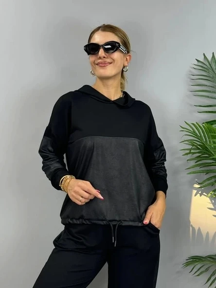 Kadın Uzun Kollu Kapüşonlu Oversize Sweat Ve Pantolon Ikili Takım - 8