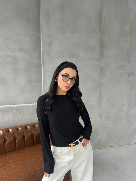 Bisiklet Yaka Uzun Kollu Crop - Siyah - 3